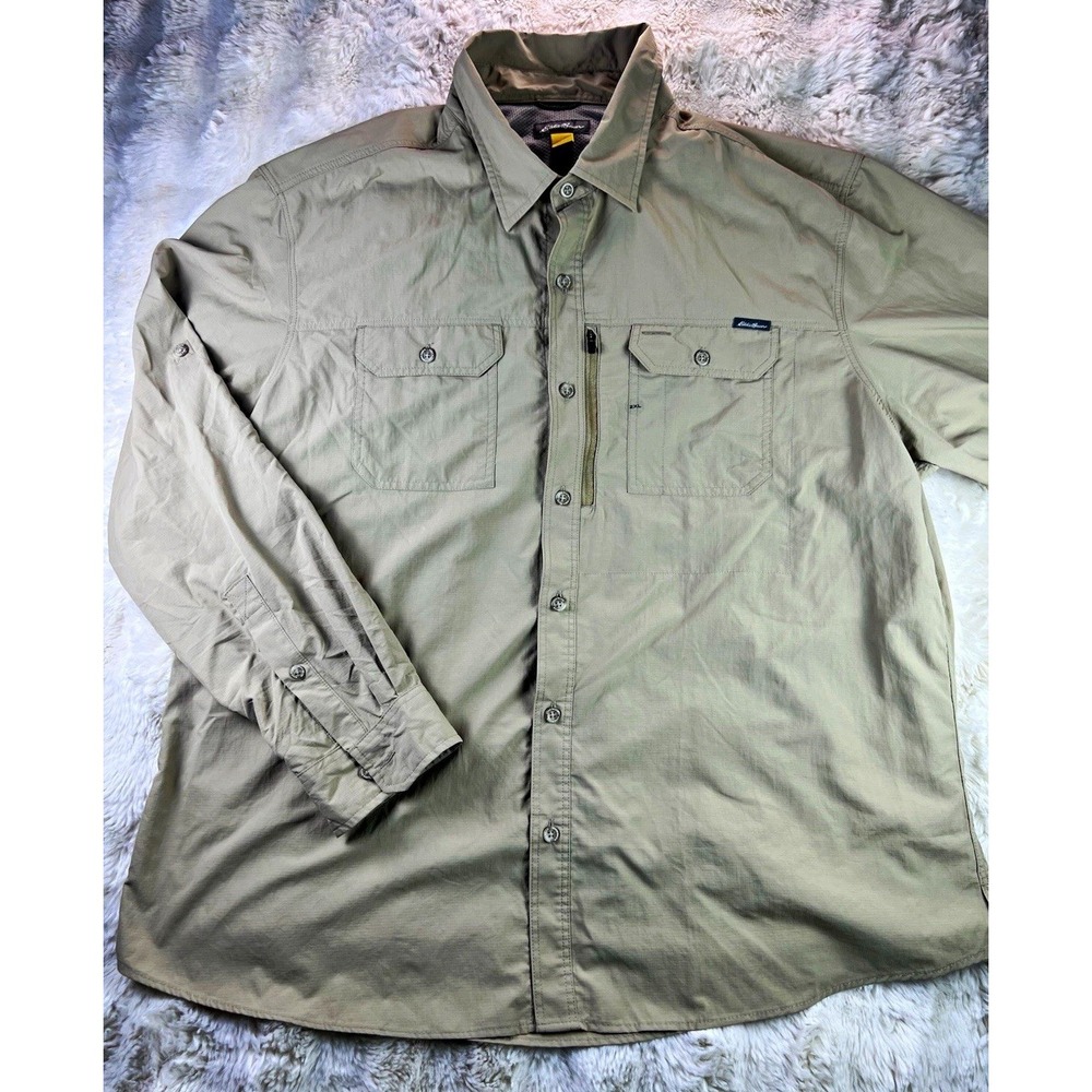 Eddie Bauer Mens XXL Beige Solid Woven Polyester Long Sleeve Pockets. A27
